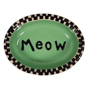 Boots and Barkley Green Checkered "MEOW" 6" Cat Bowl Stoneware Fishes
